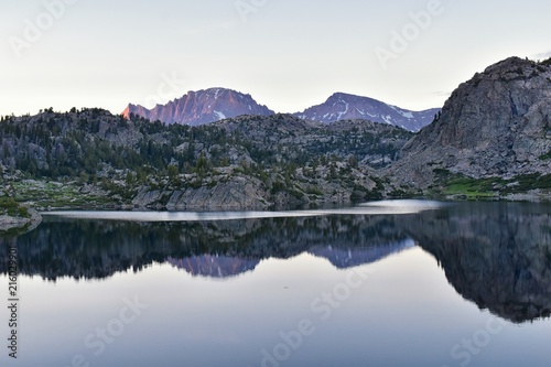 Seneca Lake in the Wind River Range  Rocky Mountains  Wyoming  views from backpacking hiking trail to Titcomb Basin from Elkhart Park Trailhead going past Hobbs  Island  Upper and Lower Jean Lakes as 