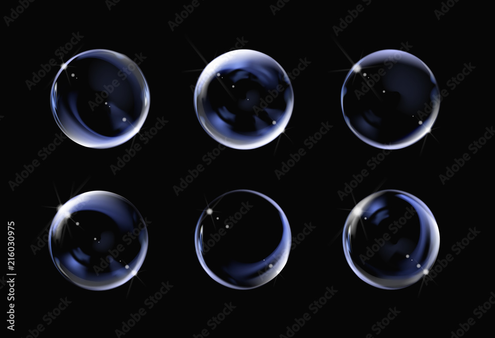 Realistic transparent soap bubble on black background. Soap Bubble set with  glares. Bubbles illustration vector. Stock Vector | Adobe Stock