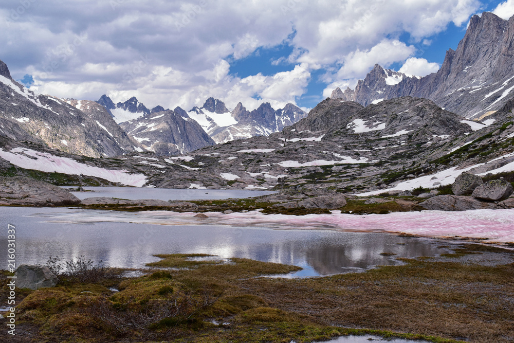 Upper and Lower Jean Lake in the Titcomb Basin along the Wind River Range, Rocky Mountains, Wyoming, views from backpacking hiking trail to Titcomb Basin from Elkhart Park Trailhead going past Hobbs, 