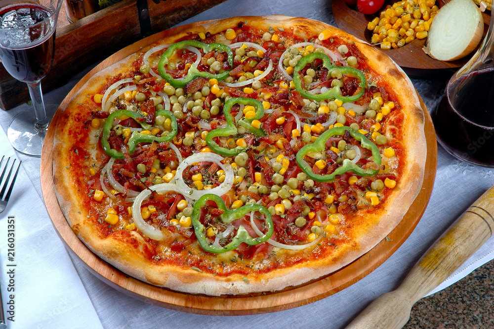 Pizza with corn, bacon, chili, onion, pea Pizza with corn, bacon, chili, onion, pea