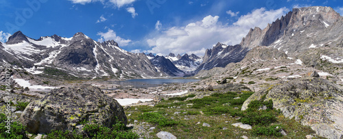 Upper and Lower Jean Lake in the Titcomb Basin along the Wind River Range, Rocky Mountains, Wyoming, views from backpacking hiking trail to Titcomb Basin from Elkhart Park Trailhead going past Hobbs,  photo