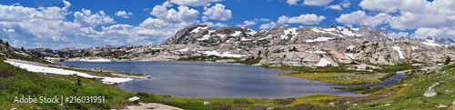 Upper and Lower Jean Lake in the Titcomb Basin along the Wind River Range, Rocky Mountains, Wyoming, views from backpacking hiking trail to Titcomb Basin from Elkhart Park Trailhead going past Hobbs,  photo
