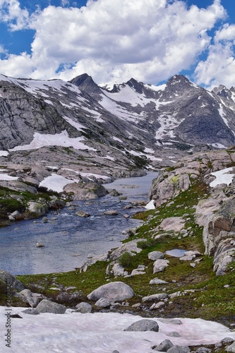 Upper and Lower Jean Lake in the Titcomb Basin along the Wind River Range, Rocky Mountains, Wyoming, views from backpacking hiking trail to Titcomb Basin from Elkhart Park Trailhead going past Hobbs, 