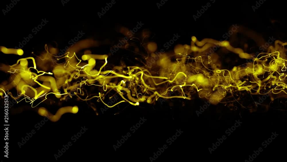 loopable yellow gold energy light strings or waves background on black.Future modern data information flowing loop, technology presentation,organic biology animation. 3D render looping 4k video