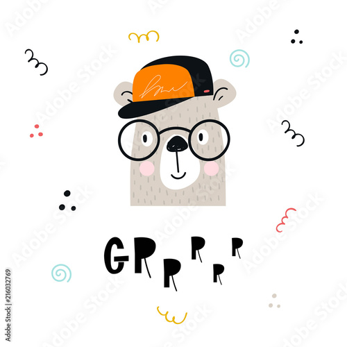 Cute hand drawn nursery poster with cartoon cool bear animal character with hand drawn lettering.