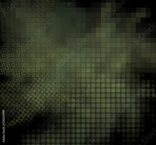 Camouflage pixel fractal blurred on a black background.
