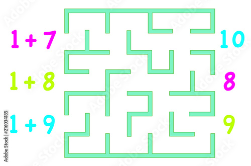 Maze with color numbers for children over white background. Find the way to the correct answer.