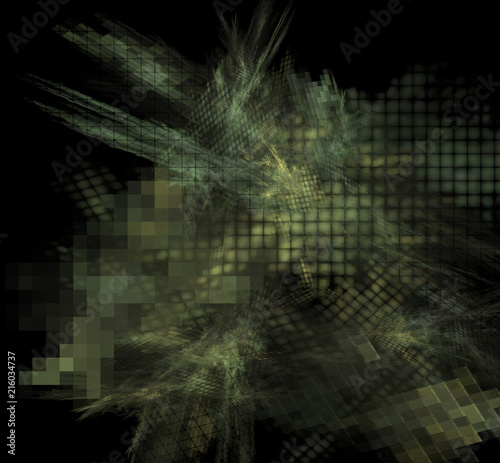 Camouflage pixel fractal blurred on a black background.
