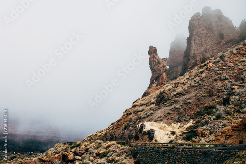 Scenic road in the fog through the Mountain Teide National Park