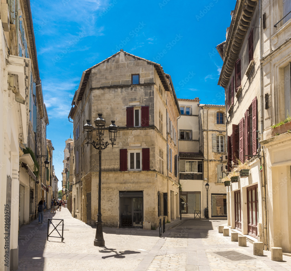 Street in historic city center of Arles. Buches du Rhone, Provence, France.