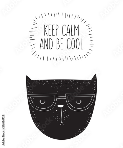 Vector postcard with line drawing hipster cat with cool slogan