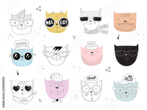 Vector collection of line drawing hipster cats