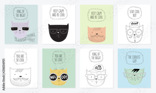 Vector set of postcards with hipster cats and cool slogan