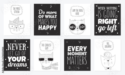 Vector set of postcards with hipster cats and cool slogan