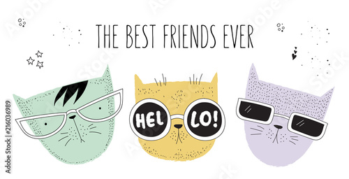 Vector poster with line drawing hipster cats with cool slogan