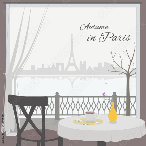 View of Paris cityscape from cafe window. Vector.