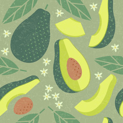 Acrylglasbilder Avocadomuster Vintage Avocado Muster mit Blüten  © Nataly