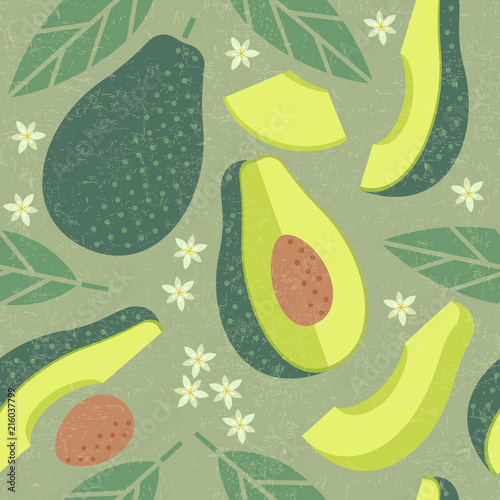 Avocado seamless pattern. Whole and sliced avocado with leaves and flowers on shabby background. Original simple flat illustration. Shabby style.