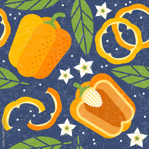 Bell pepper seamless pattern. Whole and sliced yellow peppers with leaves and flowers on shabby background. Original simple flat illustration. Shabby style.