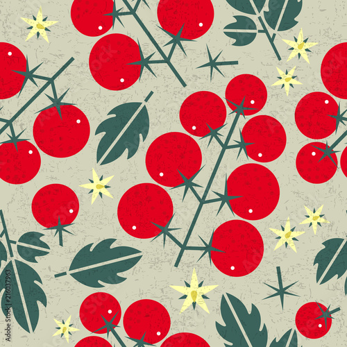 Tomato cherry seamless pattern. Ripe tomatoes with leaves and flowers on shabby background. Original simple flat illustration. Shabby style.