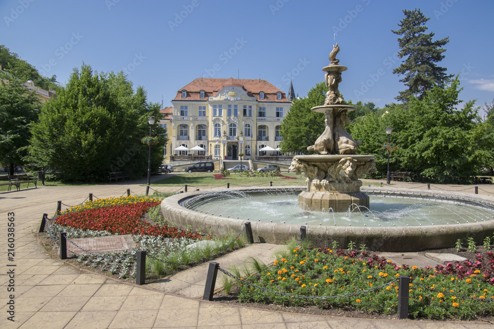 Stone spa and marble horse fountain in town Teplice v Cechach, Czech republic
