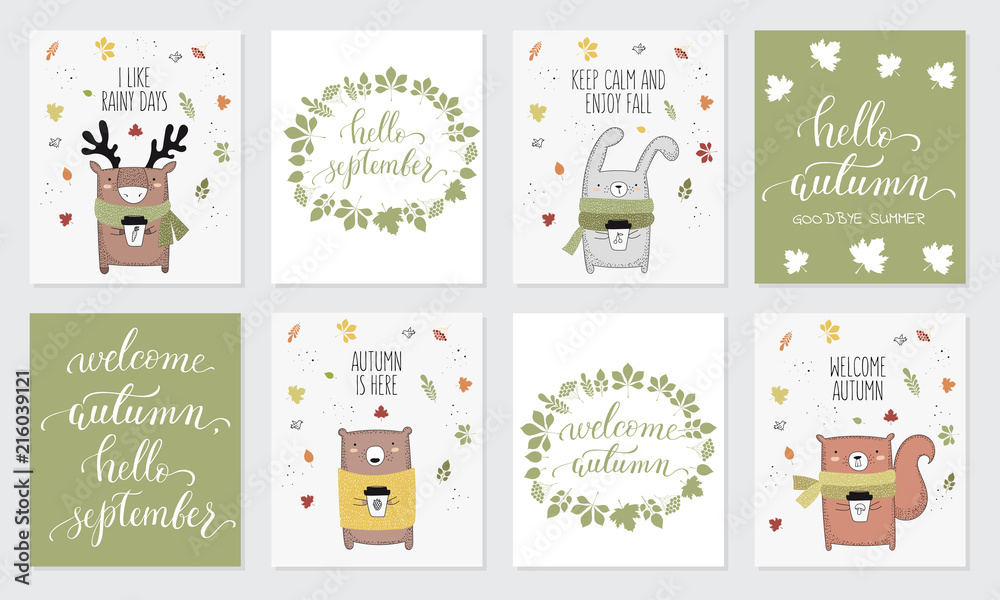 Vector collection of postcards with line drawing animal in sweater and slogan about autumn