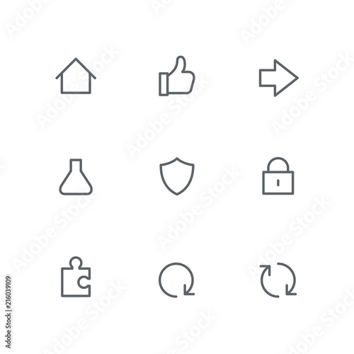 Basic outline icon set - home, arrow, test tube, shield, lock, piece of the puzzle, refresh or reload symbols. Business, internet and security vector signs.