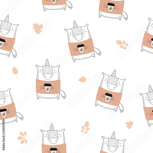 Vector seamless baby pattern with autunmn unicorns photo