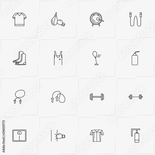 Boxing line icon set with punching bag, boxing drink bottle and scales