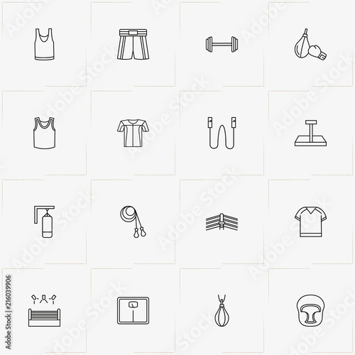 Boxing line icon set with boxing ring, boxing shorts and punching bag