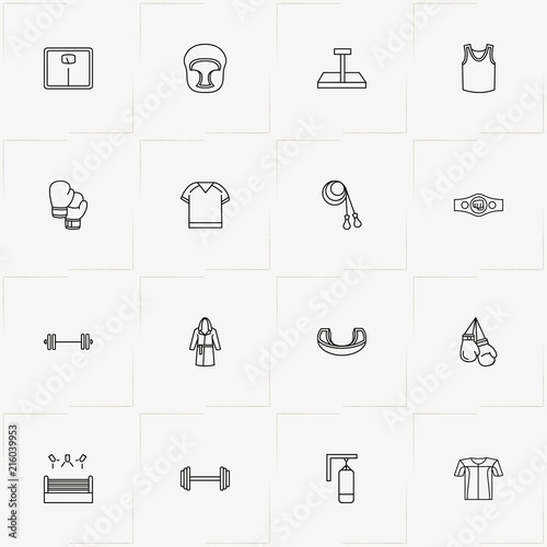 Boxing line icon set with jumping rope, scales and boxing belt