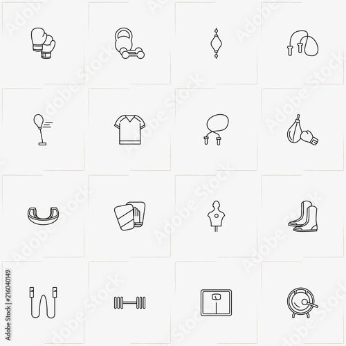 Boxing line icon set with barbell weights, boxing shoe and jumping rope
