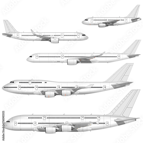 realistic passenger airplanes set. side view.
