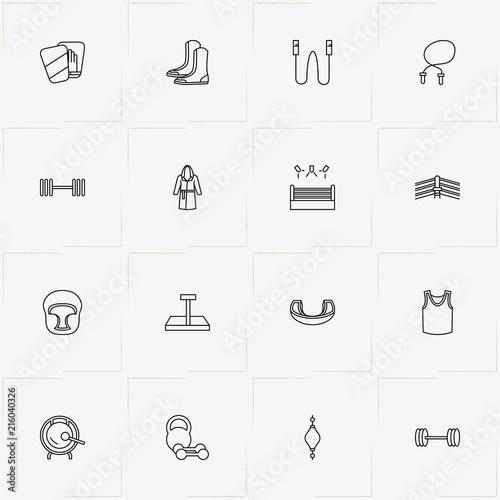 Boxing line icon set with punching bag, scales and barbell weights