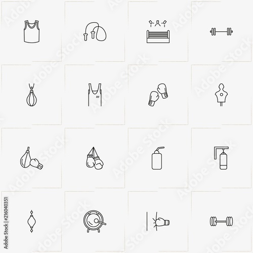 Boxing line icon set with boxing gloves, box gloves and boxing ring
