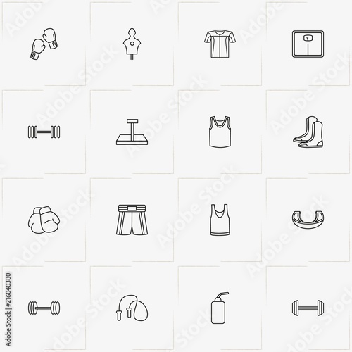 Boxing line icon set with punching bag, mouth guard and scales