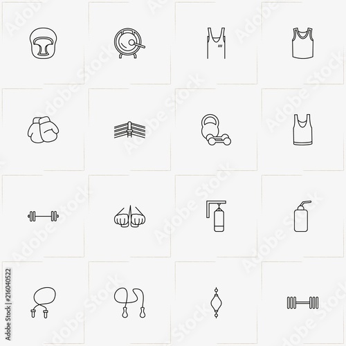 Boxing line icon set with barbell, box gloves and boxing ring