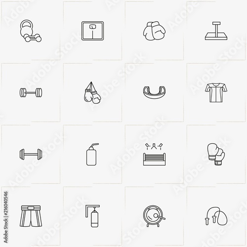 Boxing line icon set with boxing shorts, mouth guard and sport shirt