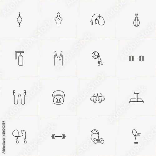 Boxing line icon set with barbell weights, sport shirt and punching bag