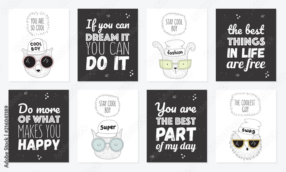 Naklejka Vector collection of postcards with line drawing hipster animals with cool slogan