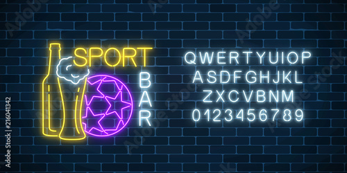 Glowing neon sport bar concept with alphabet. Soccer ball with bottle and glass of beer as pub
