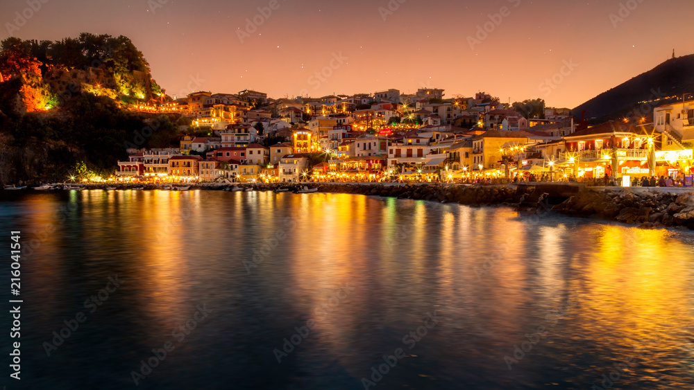 Parga town night panoramic view. Popular tourist destination of Greece.