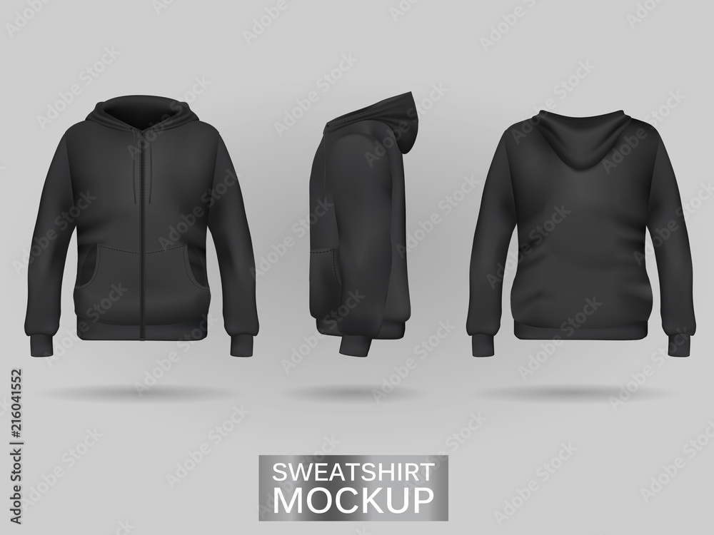 Black sweatshirt hoodie template in three dimensions: front, side and back  view, realistic gradient mesh vector. Clothes for sport and urban style  Stock Vector | Adobe Stock