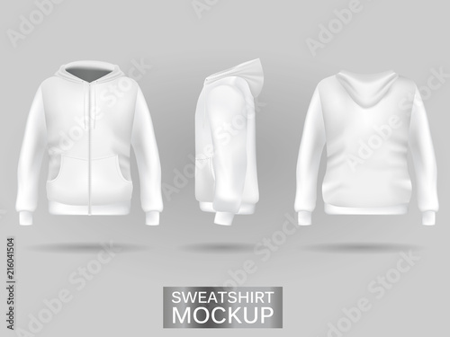 White sweatshirt hoodie template in three dimensions: front, side and back view, realistic gradient mesh vector. Clothes for sport and urban style