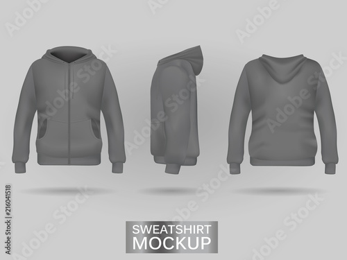 Grey sweatshirt hoodie template in three dimensions: front, side and back view, realistic gradient mesh vector. Clothes for sport and urban style