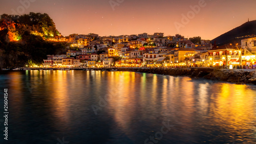 Parga town night panoramic view. Popular tourist destination of Greece.