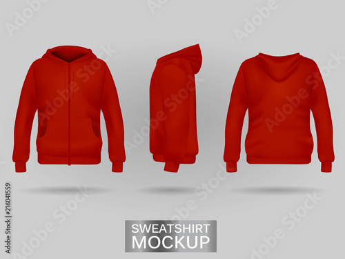 Red sweatshirt hoodie template in three dimensions: front, side and back view, realistic gradient mesh vector. Clothes for sport and urban style