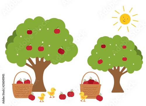 apple tree harvest with little chicks vector illustration