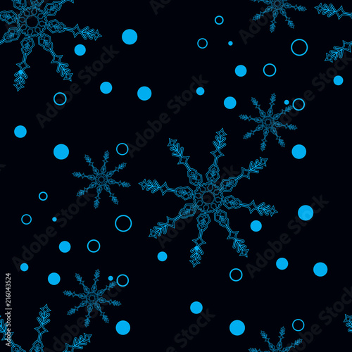 Snowflakes decorated with circles and dots. Vector winter design on black background. Christmas and New Year theme. Happy smiling violet and blue snowflakes seamless pattern. eps10