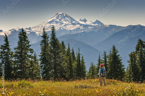 Woman Photographing Mountain With a Cell Phone. A woman hiking in the Mt. Baker area stops in a field of wildflowers to take a picture of the magnificent view with her cell phone.